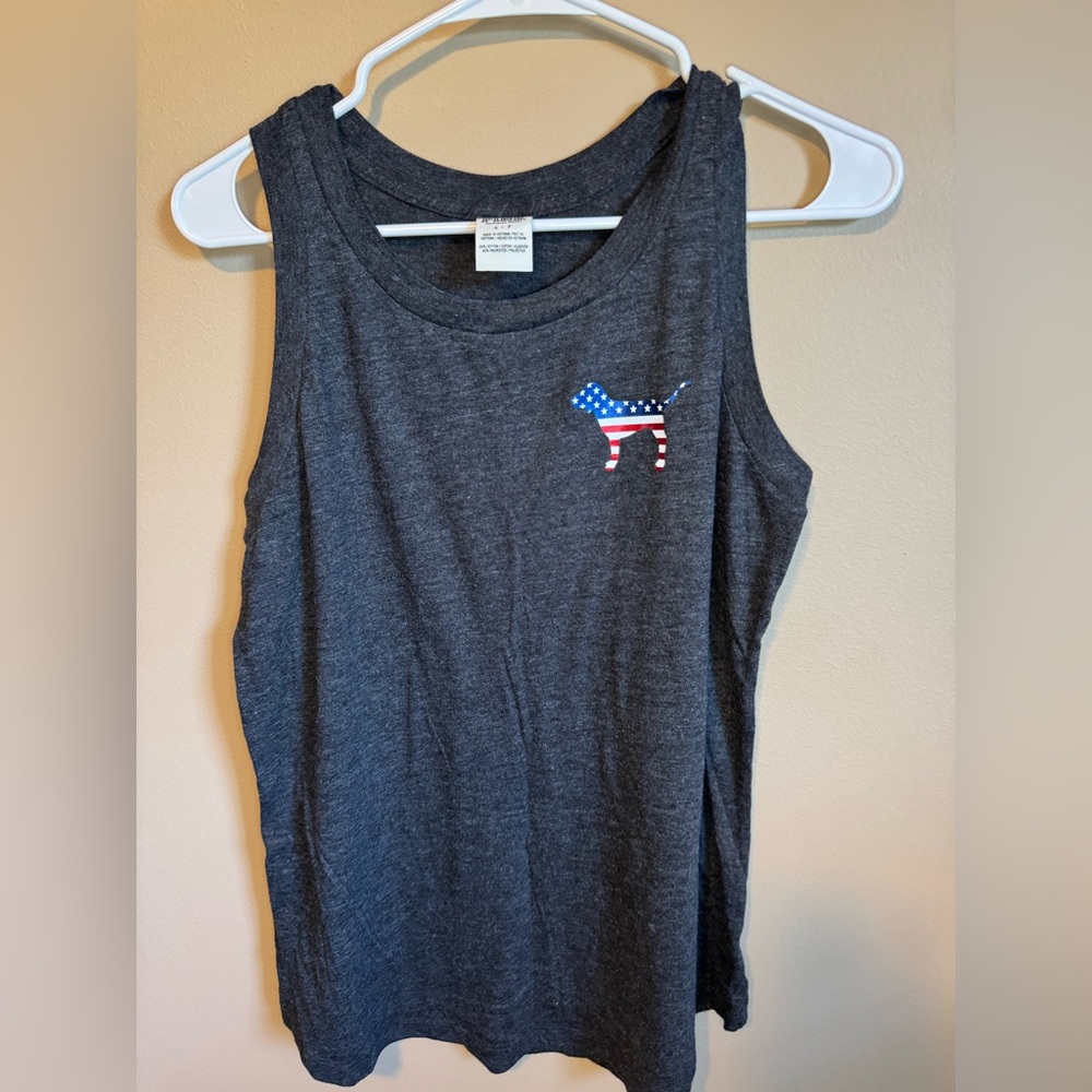 PINK Victoria's Secret Gray Tank Top with American Flag Dog